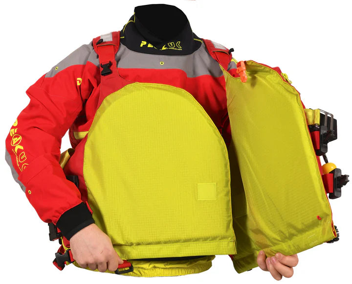 Person wearing a red and gray jacket with a yellow backpack on a white background