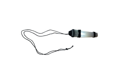 Black flashlight with lanyard on a white background