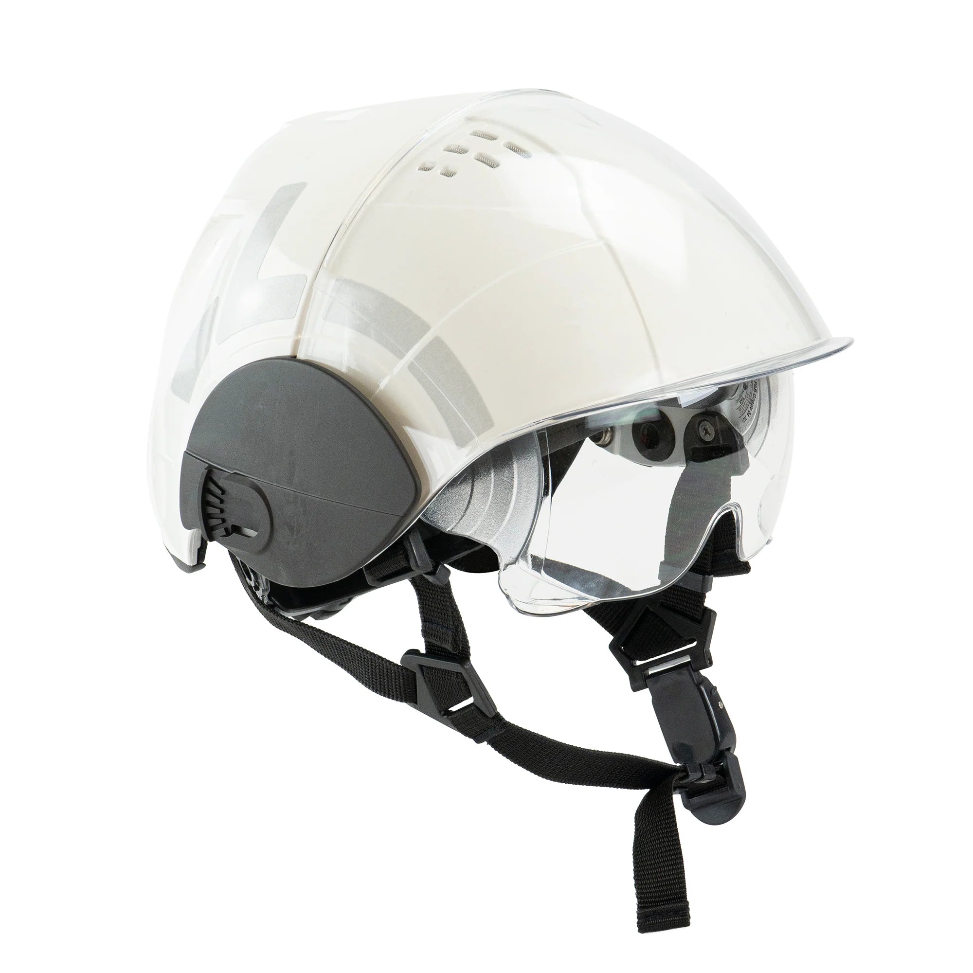 White helmet with clear visor and black chin strap on a white background