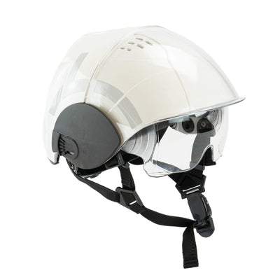 White helmet with clear visor and black chin strap on a white background