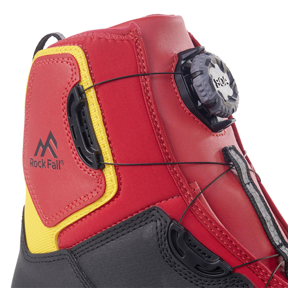 Close-up of a red and gray boot with yellow accents and Rock Fall branding.