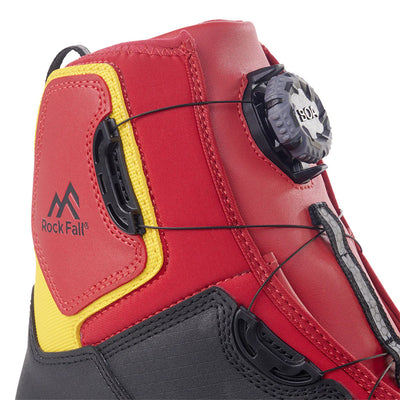 Close-up of a red and gray boot with yellow accents and Rock Fall branding.