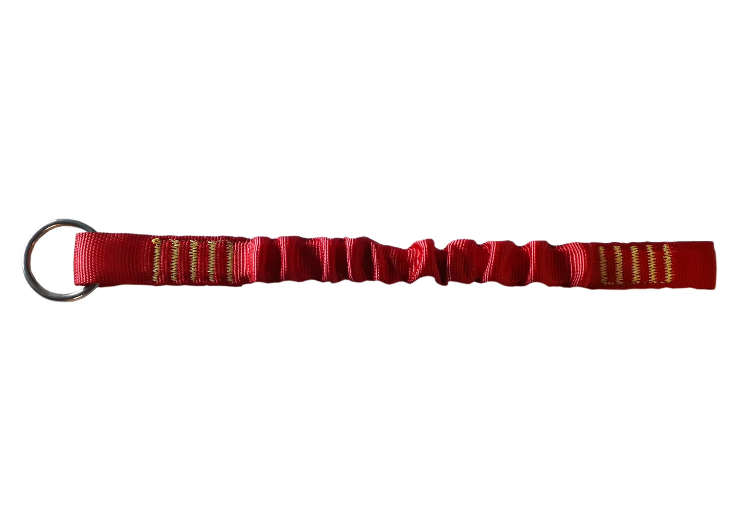 Red lanyard with a metal ring on a white background
