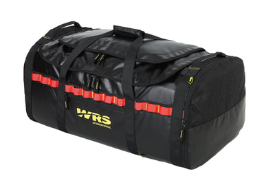 Black duffel bag with red straps and WRS logo on a white background