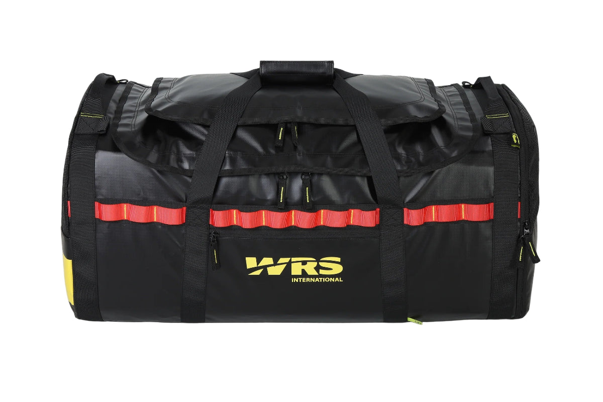 Black duffel bag with red accents and WRS International logo on a white background