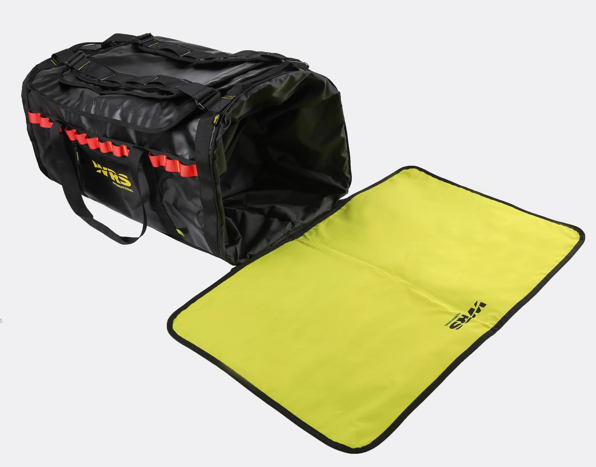 Black duffel bag with red accents and a yellow mat on a white background