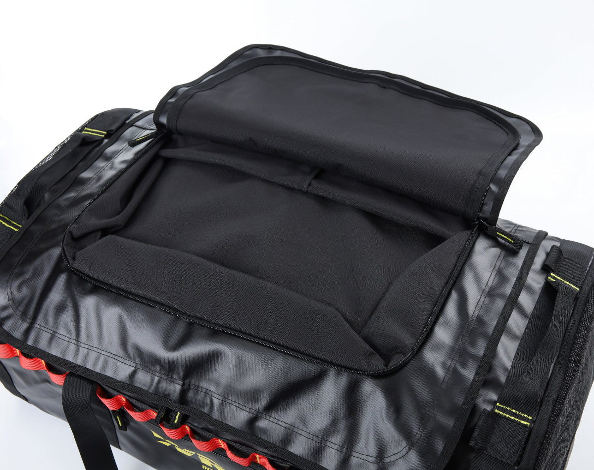 Black and gray bag with red accents on a white background