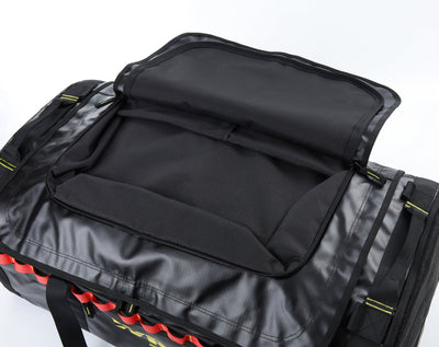 Black and gray bag with red accents on a white background