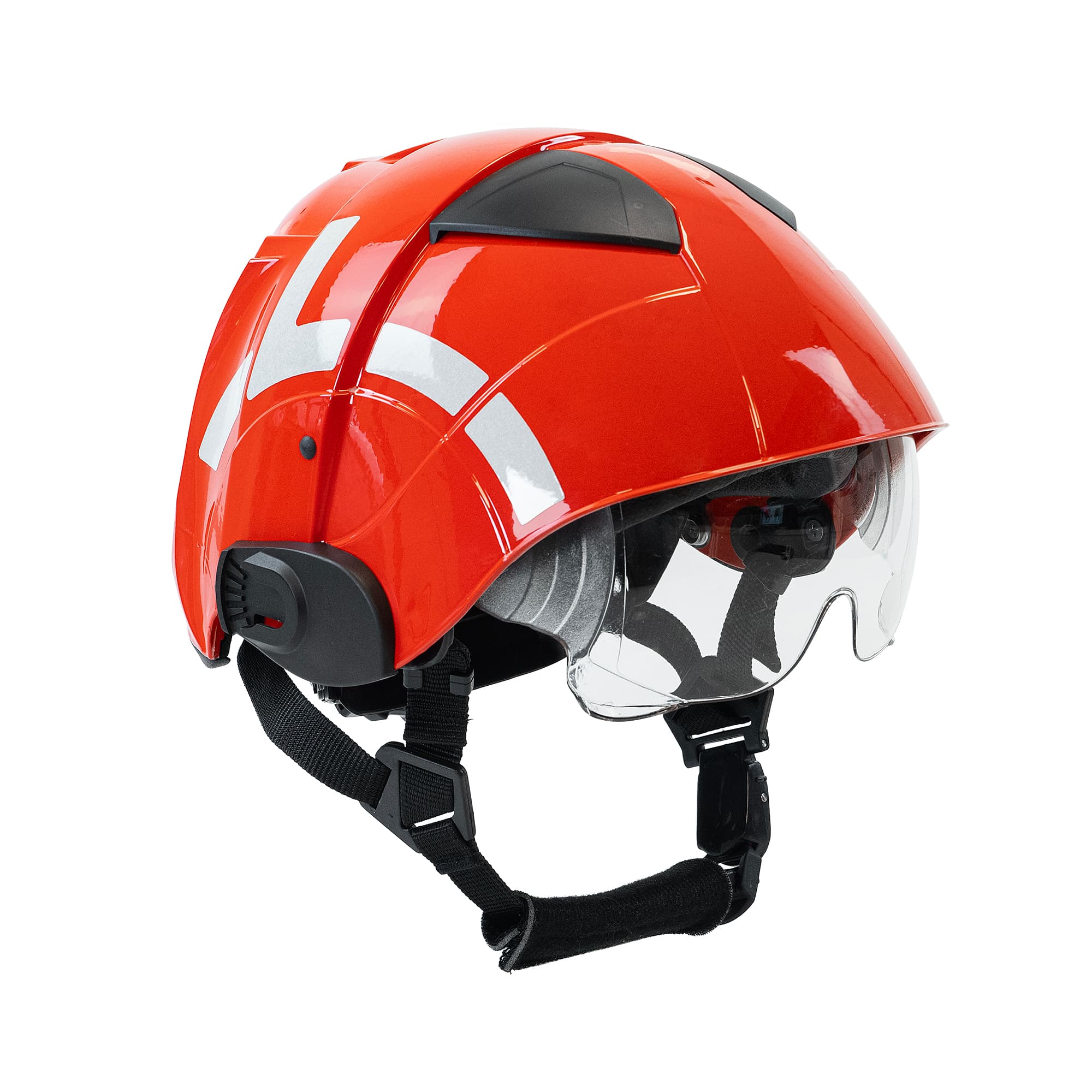 Red helmet with a clear visor on a white background