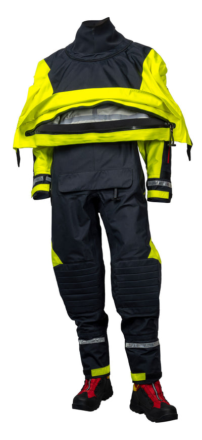 High-visibility safety suit with reflective elements on a white background