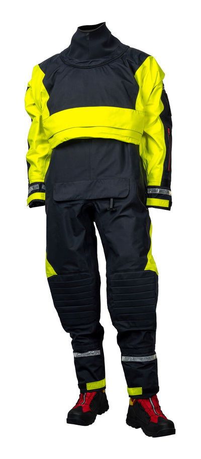 High-visibility safety suit with reflective stripes on a white background