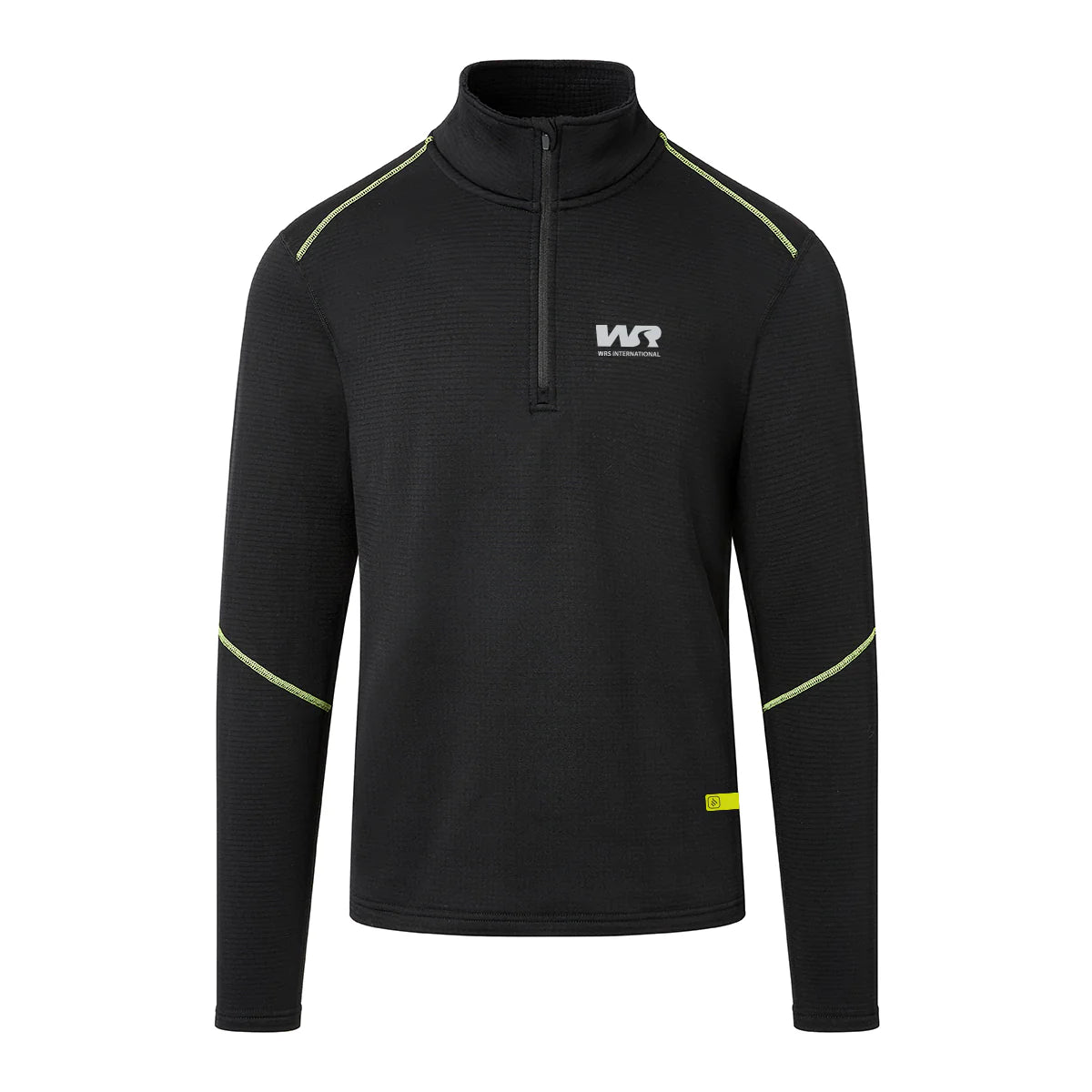 Black long-sleeve athletic shirt with a logo on a white background