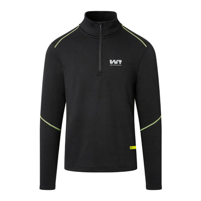 Black long-sleeve athletic shirt with a logo on a white background