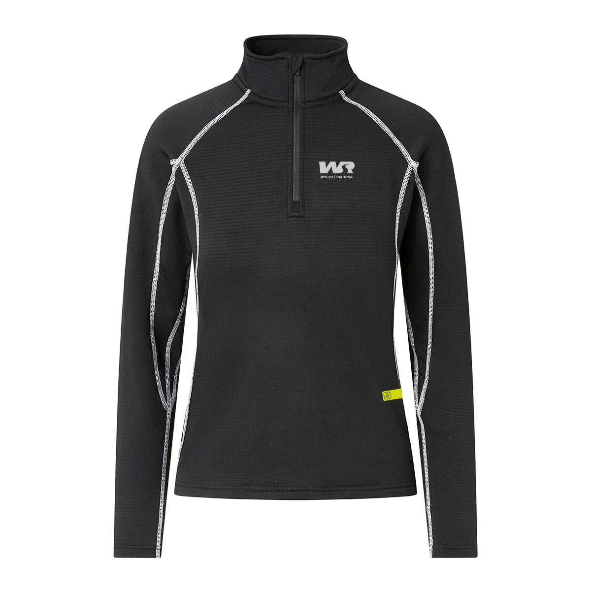 Black long-sleeve athletic shirt with white accents on a white background