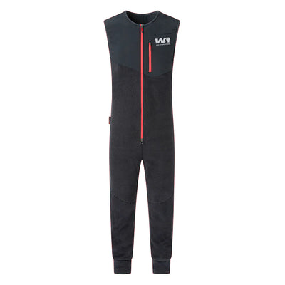 Black jumpsuit with a red zipper on a white background