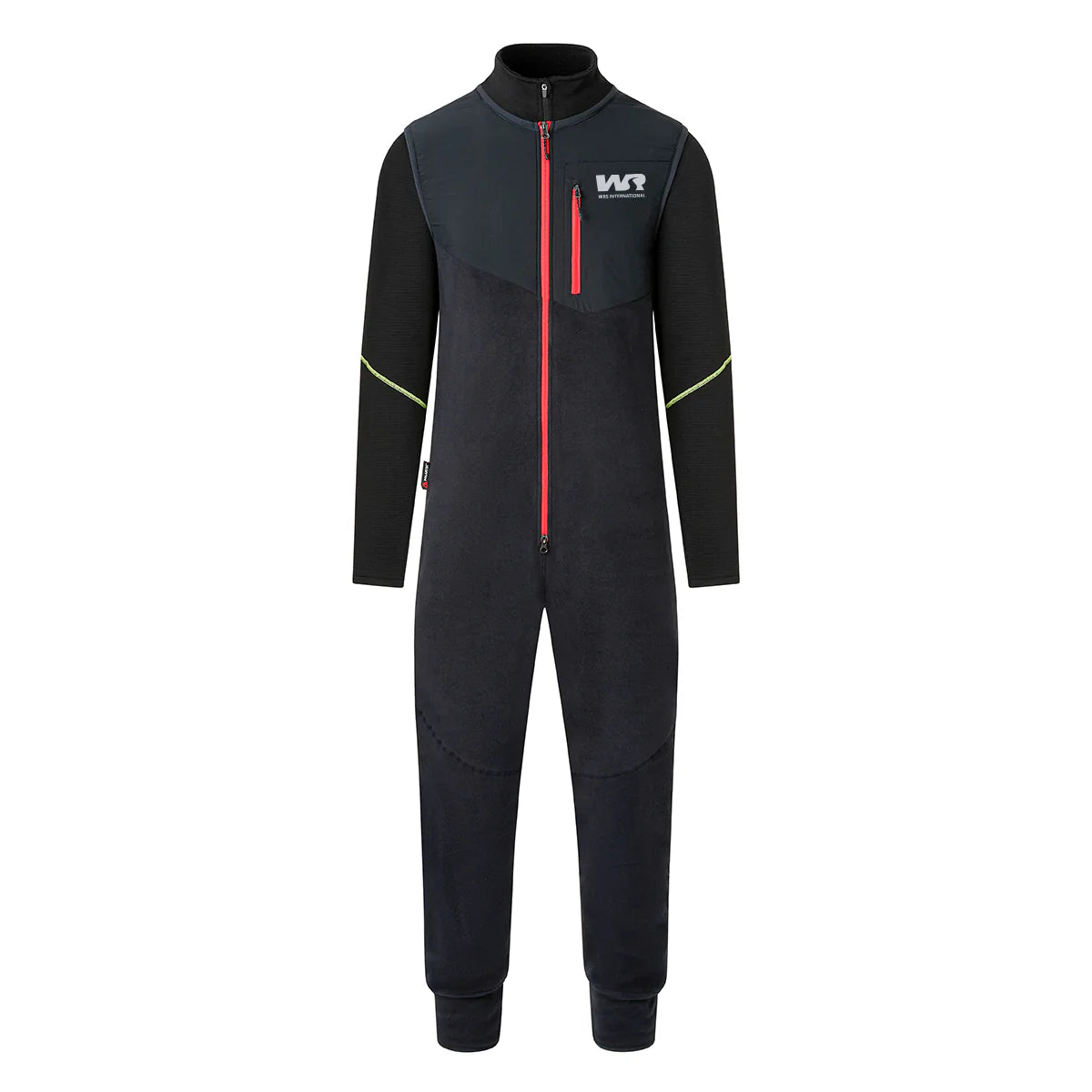 Black jumpsuit with red zipper and white logo on a white background