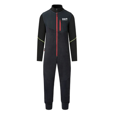 Black jumpsuit with red zipper and white logo on a white background