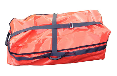 Orange duffel bag with black straps on a white background